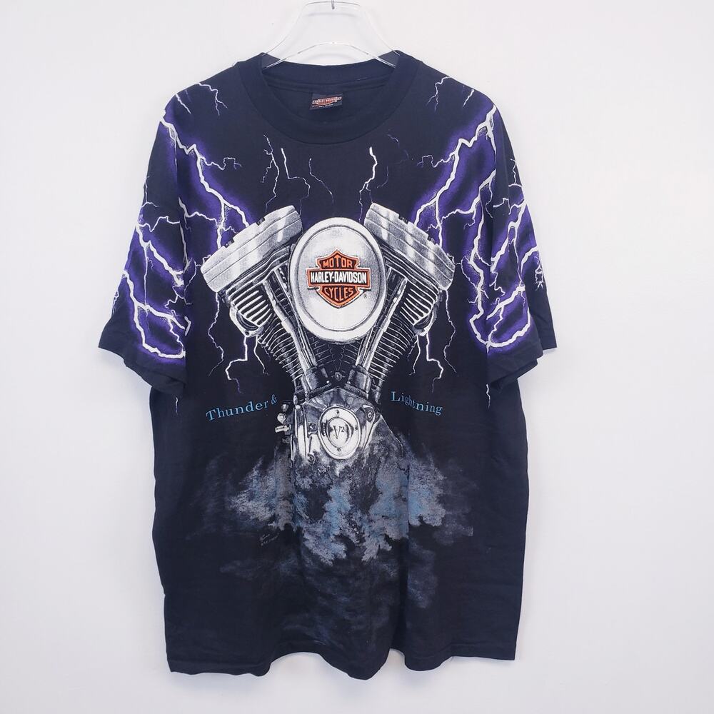Vintage 90s 1995 Harley Davidson Lighting and Thunder AOP Black T Shirt RARE XXL